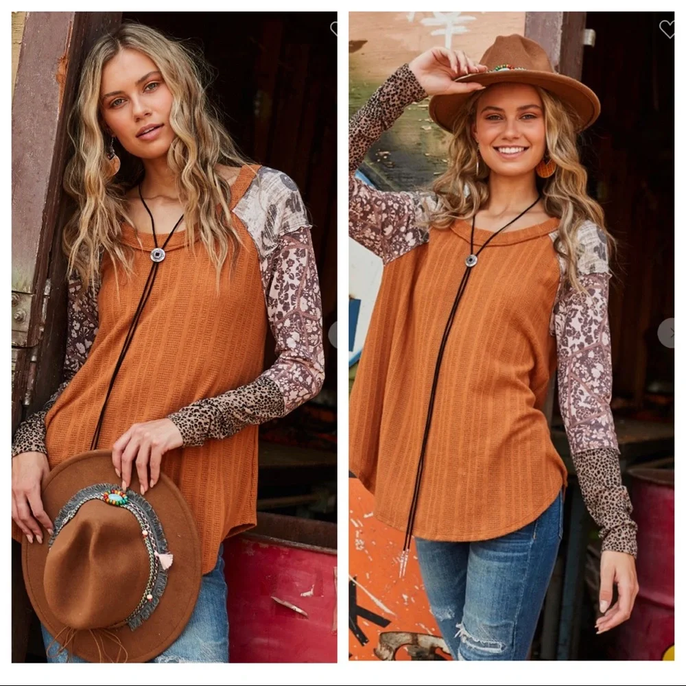 Alison  Mixed Print Contrast boho chic sleeve top - Picture 2 of 6